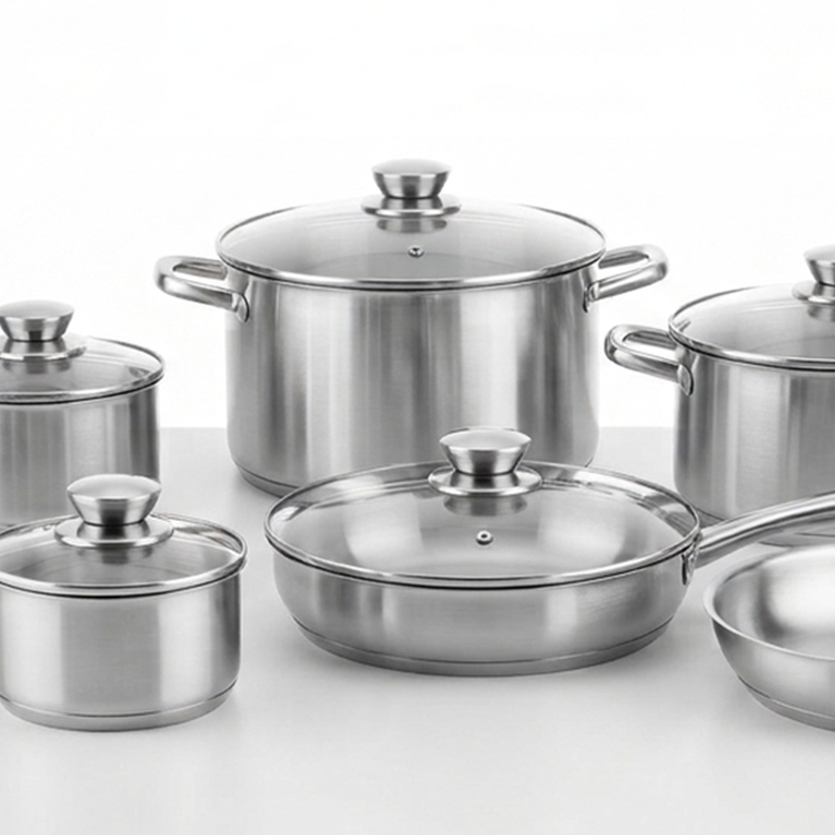 Juego de ollas y sartenes antiadherentes sobre cocina